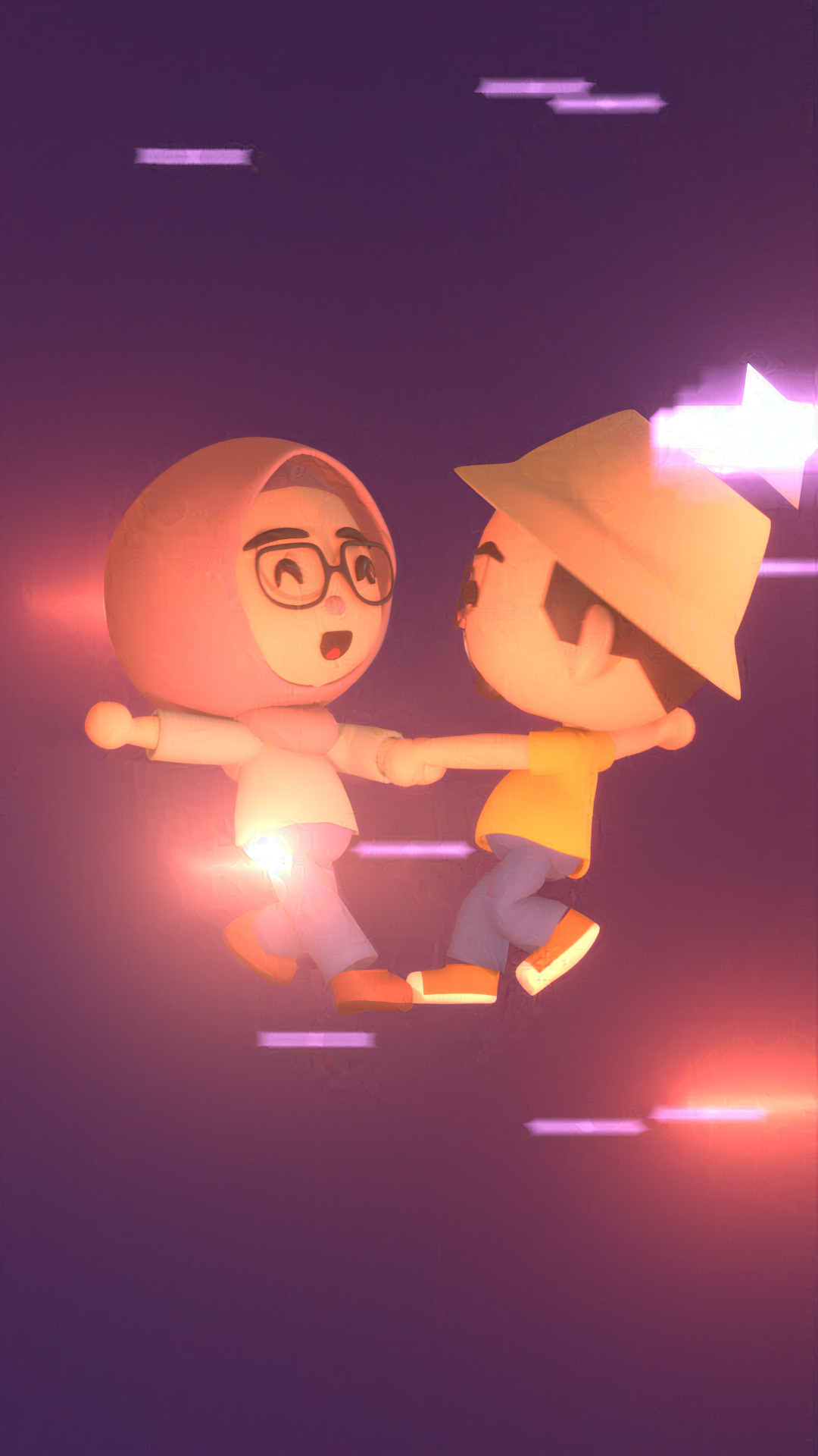 A pair of female and male cartoon figures dancing with streaks of light around them