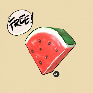 a 3d sketch of a slice of watermelon with a speech bubble that says "Free!"