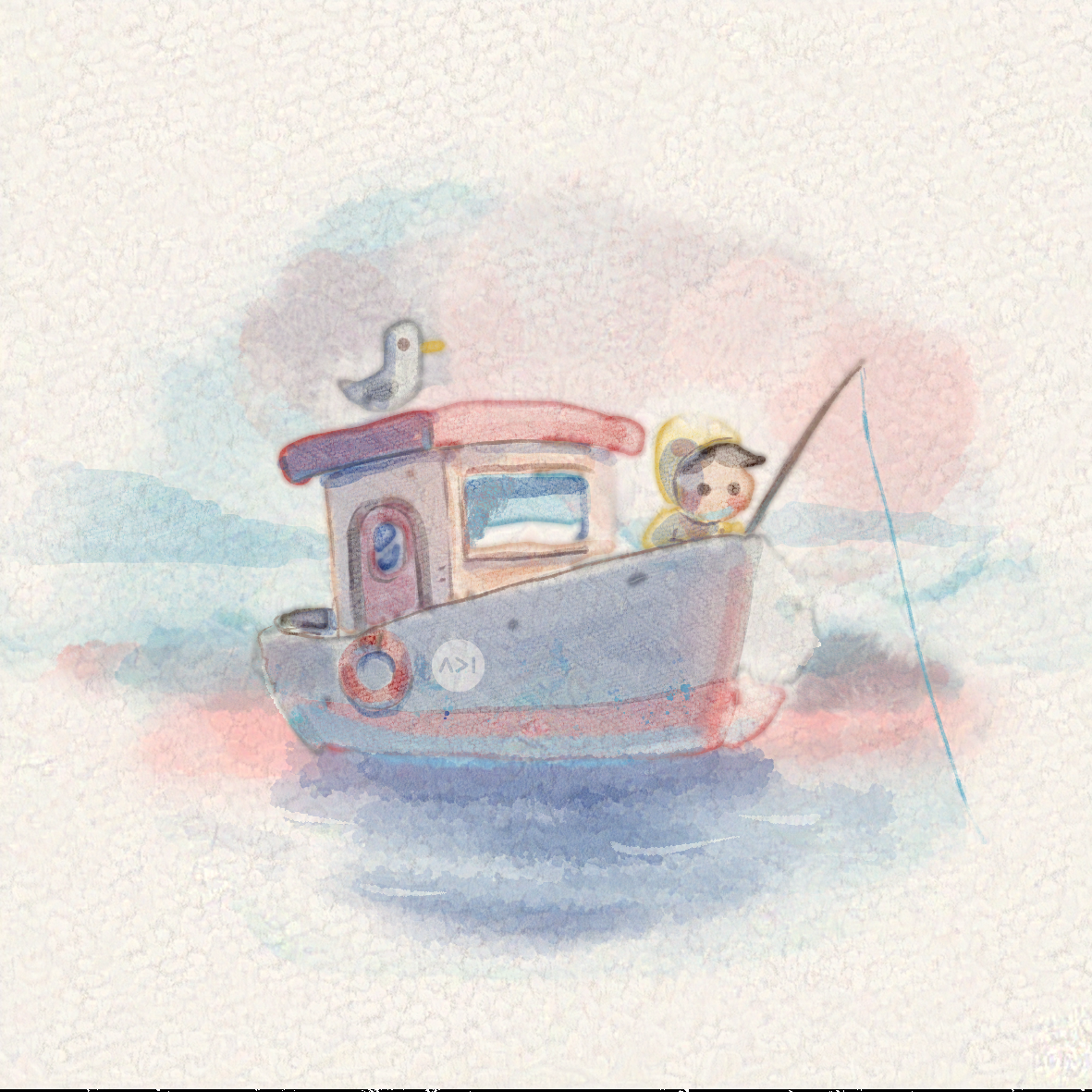 Watercolor painting of a boat with a figure catching fish and a bird on the roof