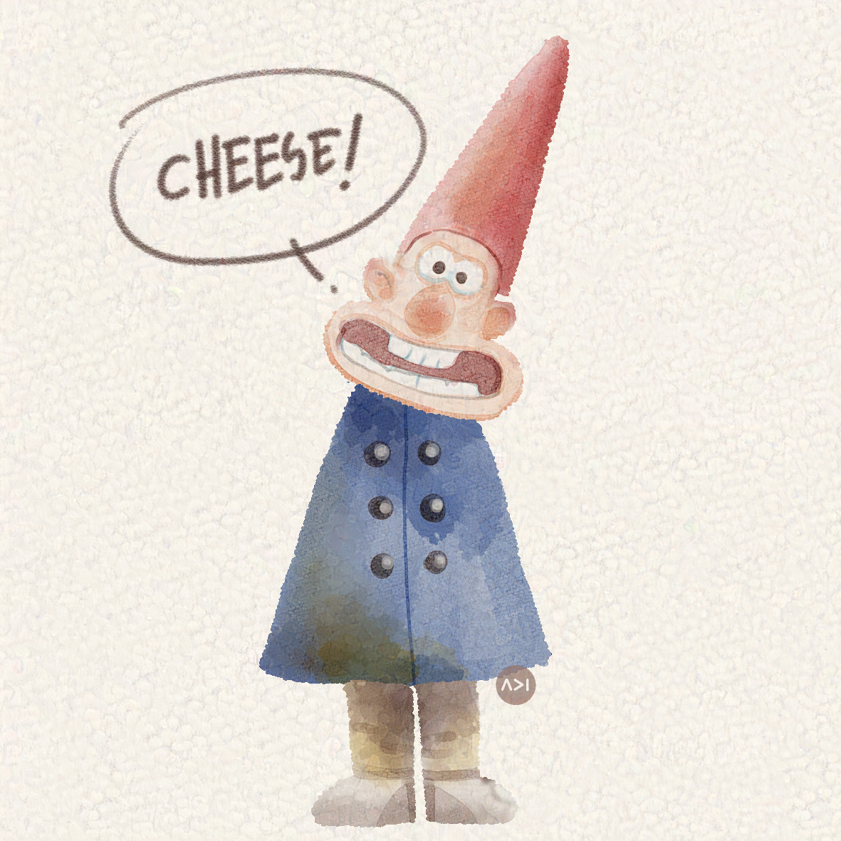 Wallace from "Wallace and Gromit" dressed as Wirt of "Over the Garden Wall" saying "cheese!"