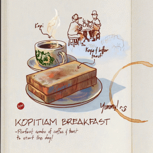 Sketch of a cup of coffee and piece of toast