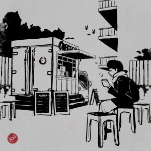 Digital ink drawing of a figure sitting on a stool, blowing on a cup of coffee, a coffee truck in the middle ground and balconies in the background.