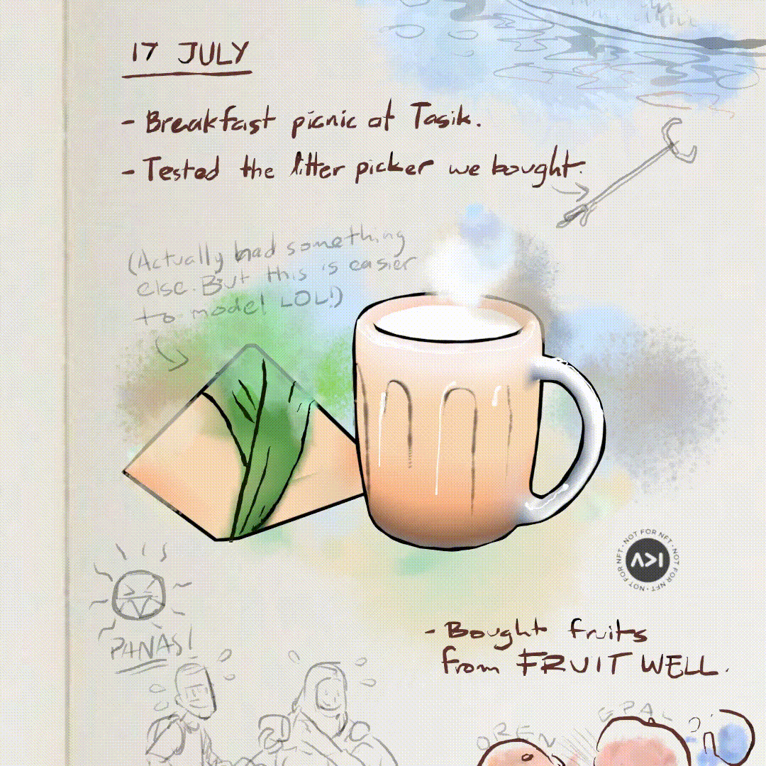 Grease Pencil illustration of a journal entry, showing a pack of nasi lemak and glass of teh tarik.